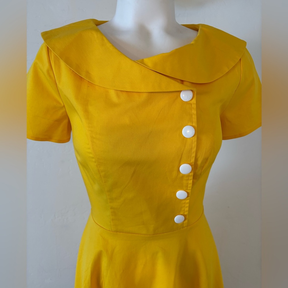 FINAL! BEAUTIFUL! RICH LEMON YELLOW BOAT NECK MID LENGTH DRESS ROCKABILLY TRAD - Picture 2 of 9